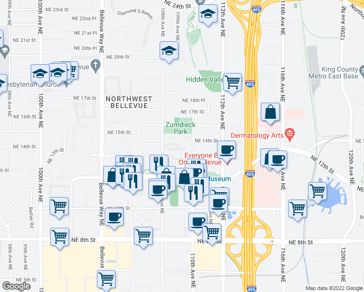 map of restaurants, bars, coffee shops, grocery stores, and more near 1411 110th Avenue Northeast in Bellevue