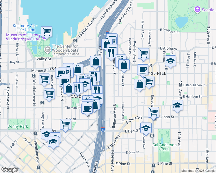 map of restaurants, bars, coffee shops, grocery stores, and more near 308 East Republican Street in Seattle
