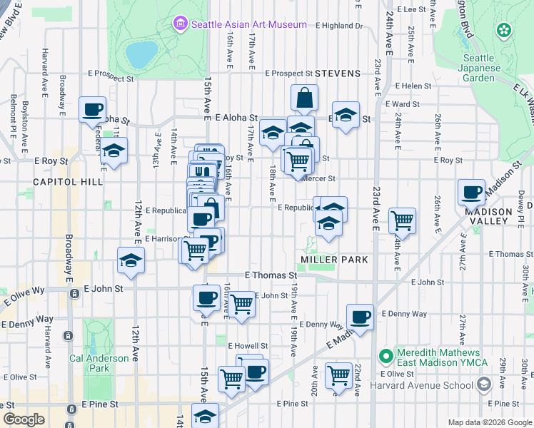 map of restaurants, bars, coffee shops, grocery stores, and more near 431 18th Avenue East in Seattle