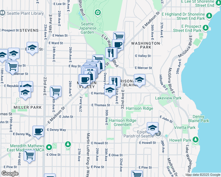 map of restaurants, bars, coffee shops, grocery stores, and more near 412 30th Avenue East in Seattle