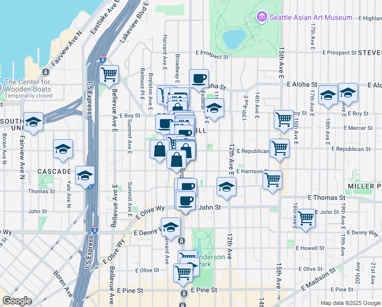 map of restaurants, bars, coffee shops, grocery stores, and more near 435 10th Avenue East in Seattle