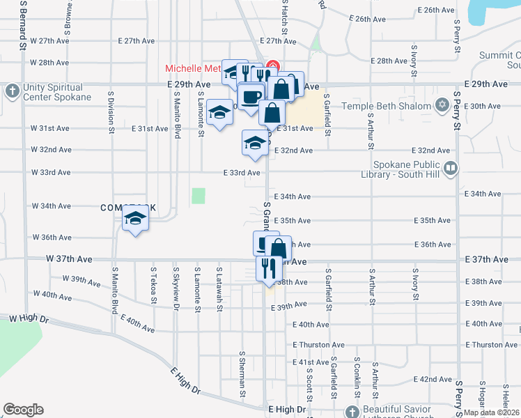 map of restaurants, bars, coffee shops, grocery stores, and more near 3334 South Grand Boulevard in Spokane