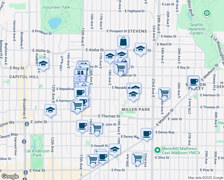 map of restaurants, bars, coffee shops, grocery stores, and more near 506 18th Avenue East in Seattle