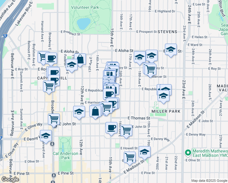 map of restaurants, bars, coffee shops, grocery stores, and more near 509 15th Avenue East in Seattle