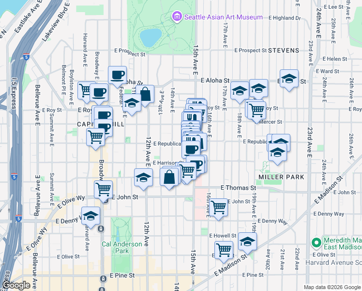 map of restaurants, bars, coffee shops, grocery stores, and more near 512 14th Avenue East in Seattle