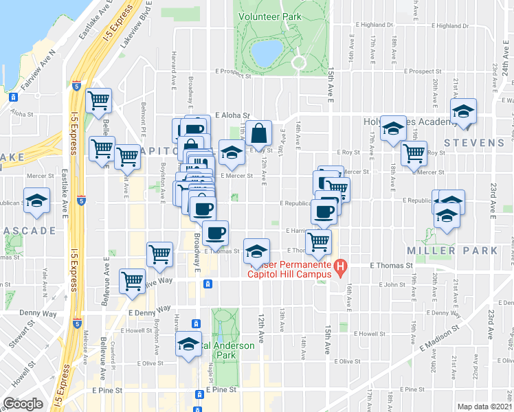 map of restaurants, bars, coffee shops, grocery stores, and more near 510 11th Avenue East in Seattle