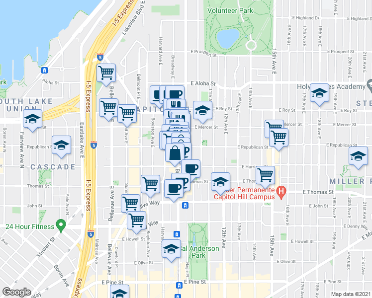 map of restaurants, bars, coffee shops, grocery stores, and more near in Seattle