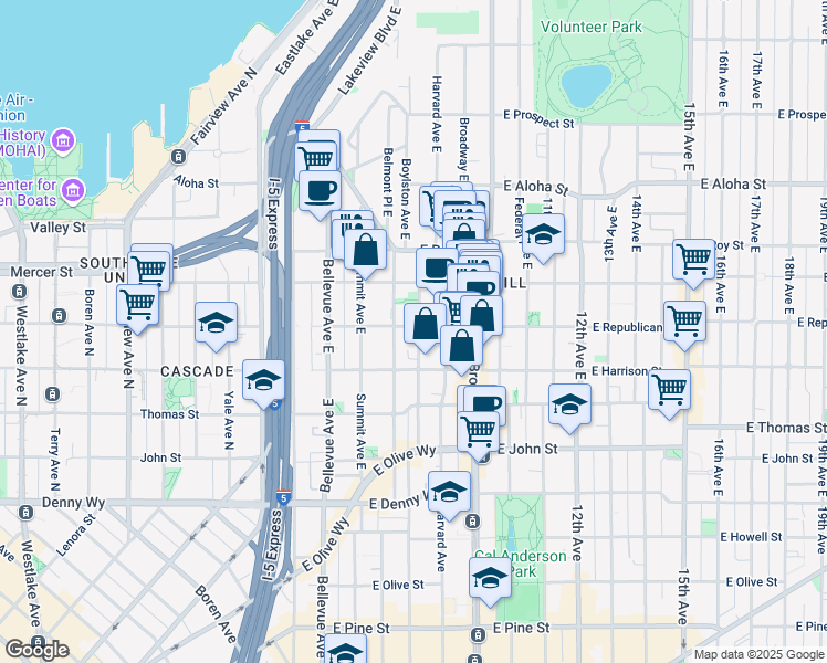 map of restaurants, bars, coffee shops, grocery stores, and more near in Seattle