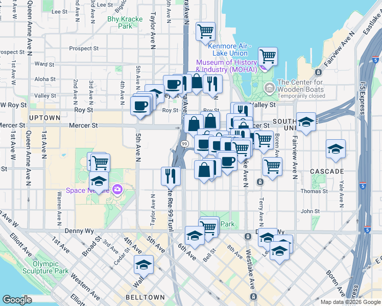 map of restaurants, bars, coffee shops, grocery stores, and more near 509 Dexter Avenue North in Seattle
