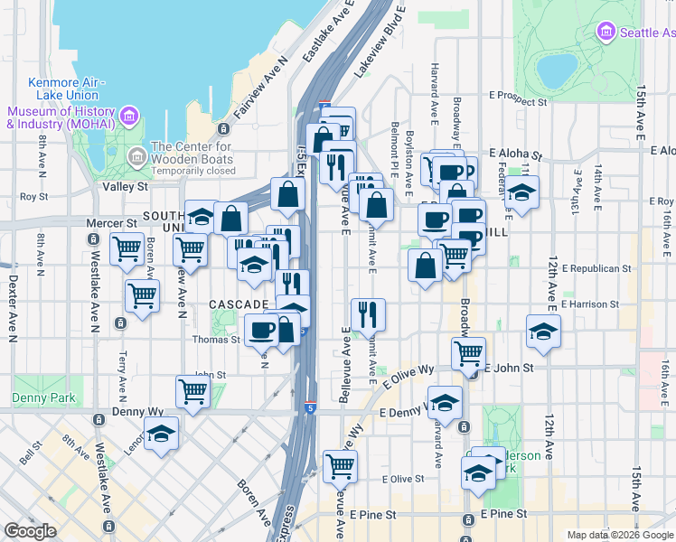 map of restaurants, bars, coffee shops, grocery stores, and more near 333 East Republican Street in Seattle