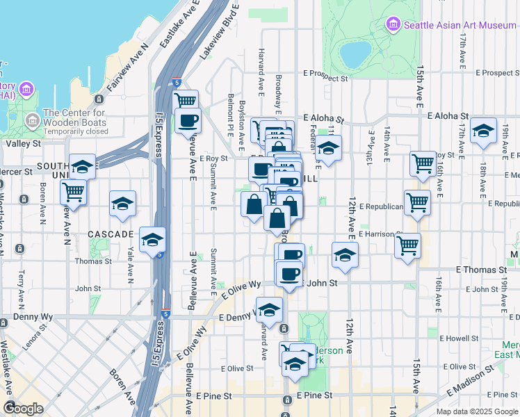 map of restaurants, bars, coffee shops, grocery stores, and more near 425 Harvard Avenue East in Seattle