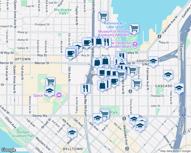 map of restaurants, bars, coffee shops, grocery stores, and more near 435 Dexter Avenue North in Seattle