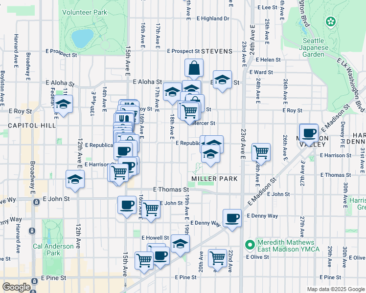 map of restaurants, bars, coffee shops, grocery stores, and more near 506 18th Avenue East in Seattle