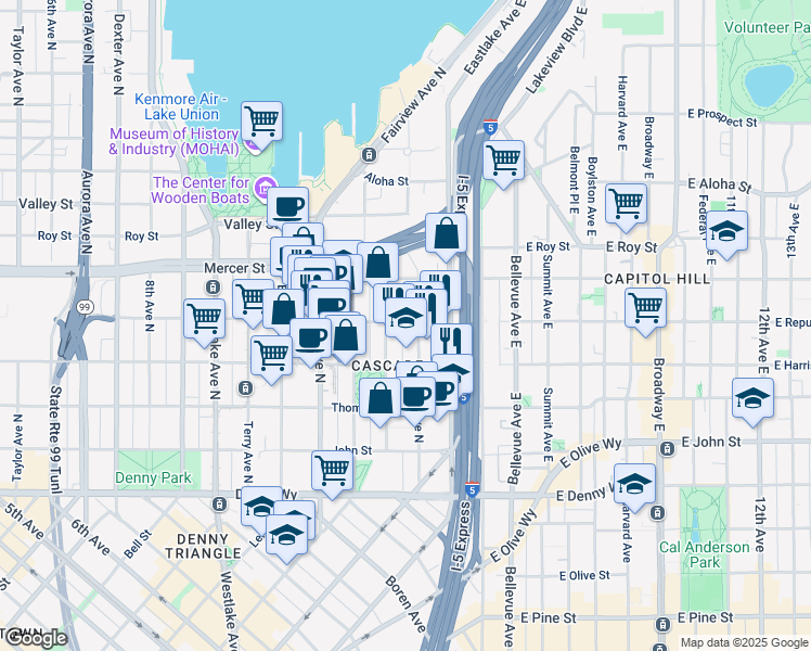 map of restaurants, bars, coffee shops, grocery stores, and more near 1265 Republican Street in Seattle