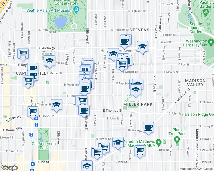 map of restaurants, bars, coffee shops, grocery stores, and more near 1709 East Republican Street in Seattle