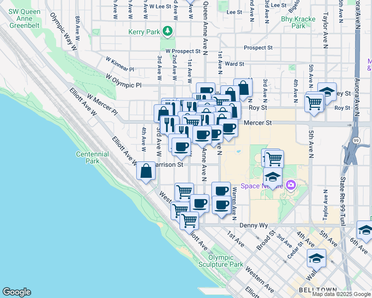 map of restaurants, bars, coffee shops, grocery stores, and more near 516 1st Avenue West in Seattle