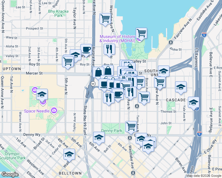map of restaurants, bars, coffee shops, grocery stores, and more near in Seattle