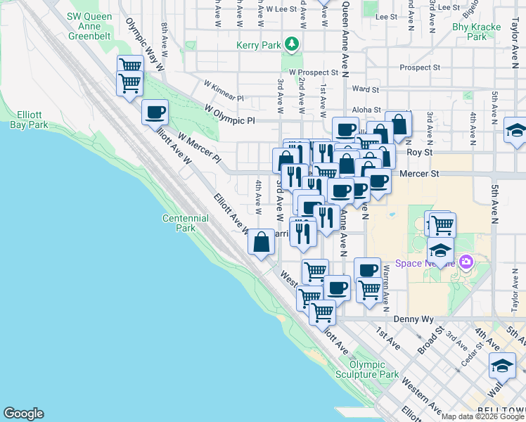 map of restaurants, bars, coffee shops, grocery stores, and more near 310 West Republican Street in Seattle