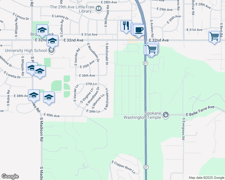 map of restaurants, bars, coffee shops, grocery stores, and more near 13025 East 37th Court in Spokane Valley