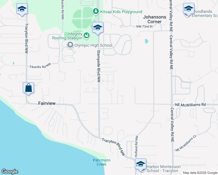 map of restaurants, bars, coffee shops, grocery stores, and more near 6445 Bronco Place Northwest in Bremerton