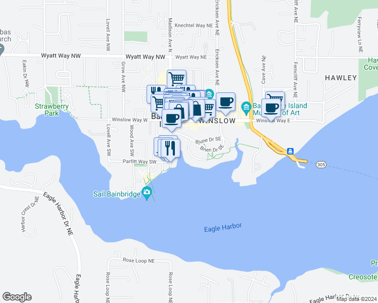 map of restaurants, bars, coffee shops, grocery stores, and more near 231 Shannon Drive Southeast in Bainbridge Island