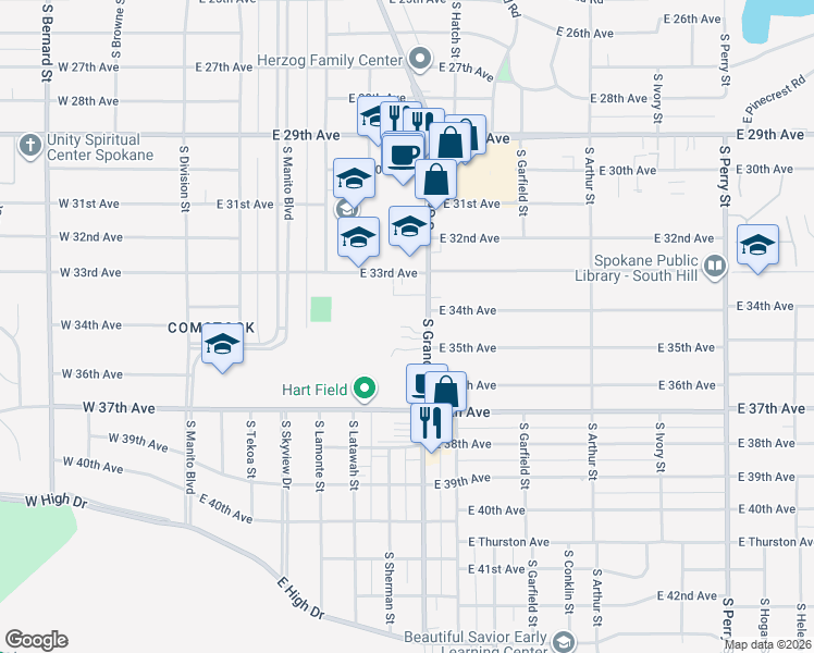 map of restaurants, bars, coffee shops, grocery stores, and more near 3334 South Grand Boulevard in Spokane