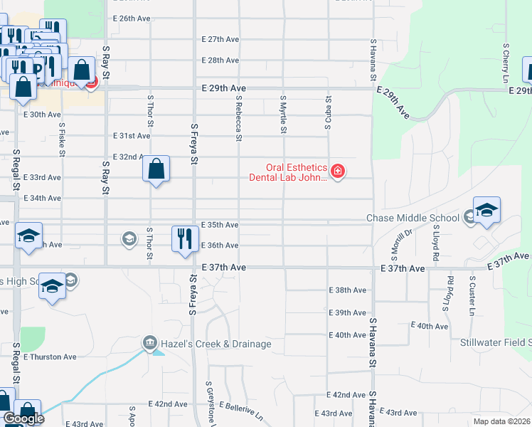 map of restaurants, bars, coffee shops, grocery stores, and more near 3828 East 34th Avenue in Spokane
