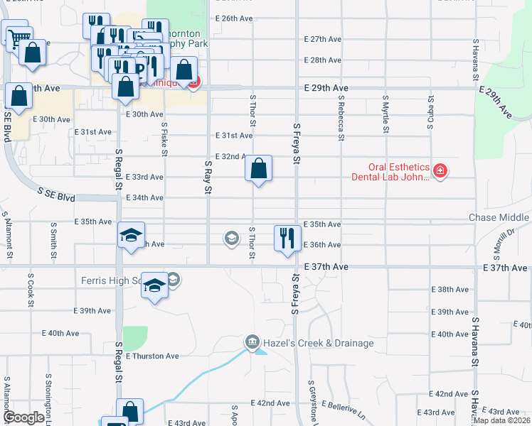 map of restaurants, bars, coffee shops, grocery stores, and more near 3408 East 34th Avenue in Spokane