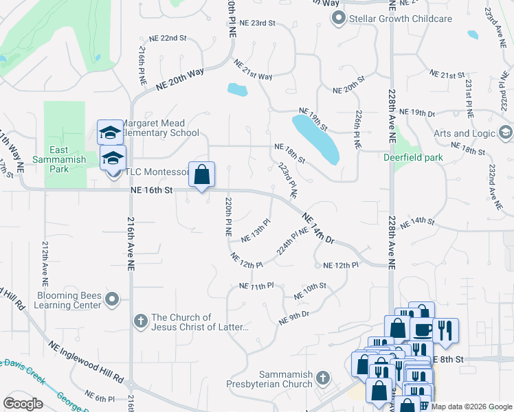 map of restaurants, bars, coffee shops, grocery stores, and more near 22033 Northeast 16th Street in Sammamish