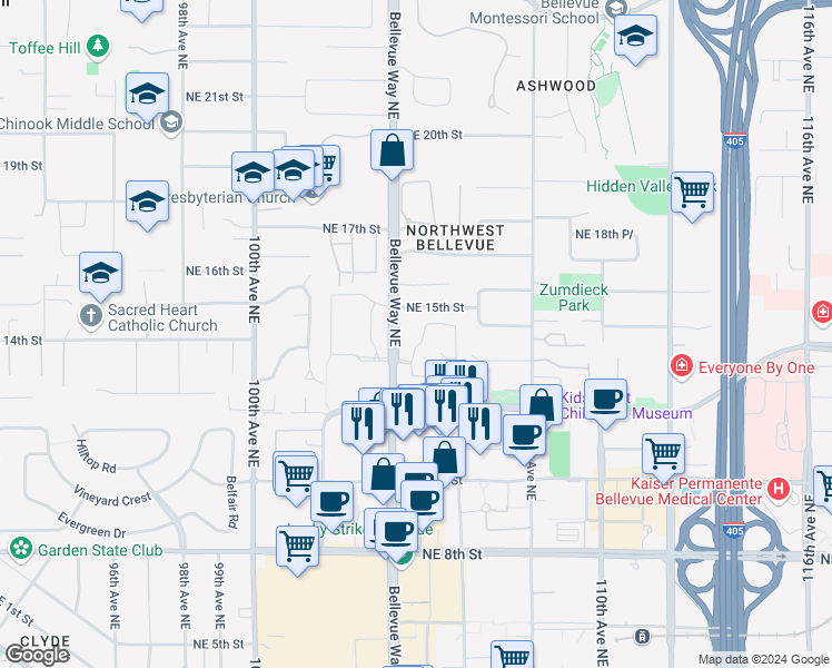 map of restaurants, bars, coffee shops, grocery stores, and more near 10425 Northeast 15th Street in Bellevue