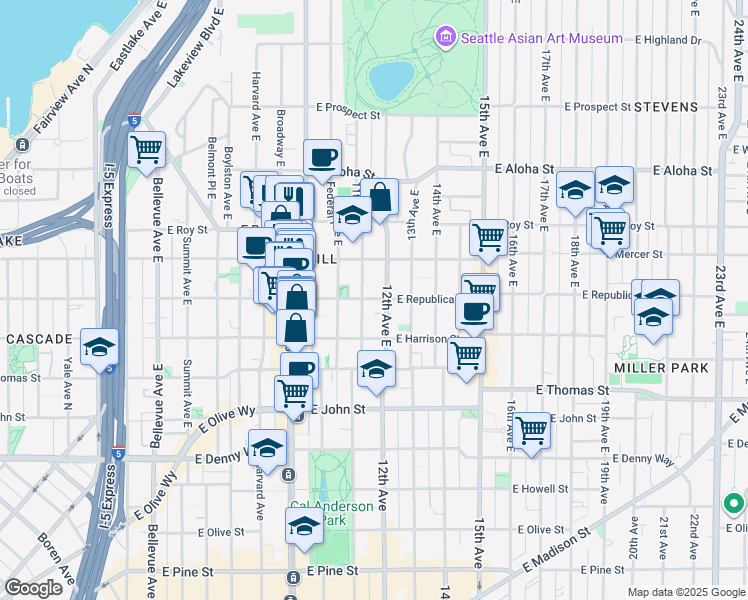 map of restaurants, bars, coffee shops, grocery stores, and more near 510 11th Avenue East in Seattle