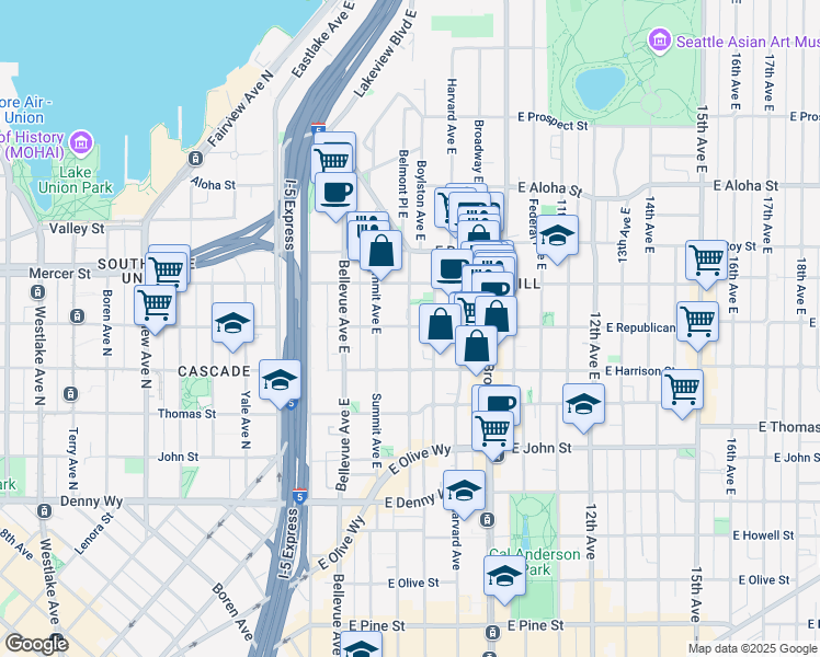 map of restaurants, bars, coffee shops, grocery stores, and more near in Seattle