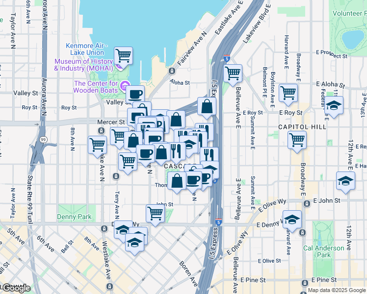 map of restaurants, bars, coffee shops, grocery stores, and more near in Seattle