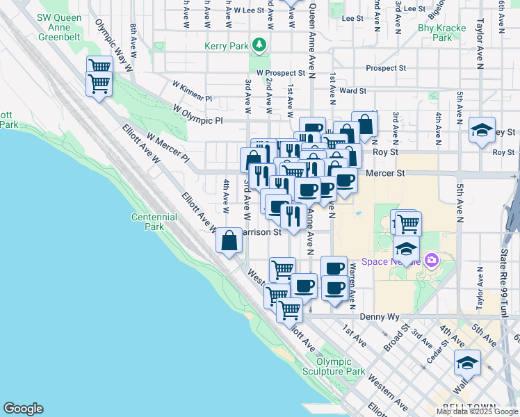 map of restaurants, bars, coffee shops, grocery stores, and more near 501 2nd Avenue West in Seattle