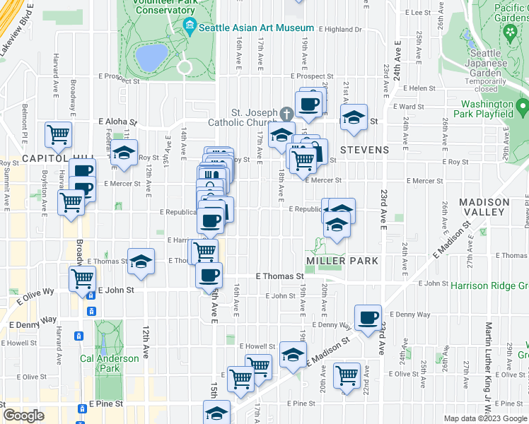 map of restaurants, bars, coffee shops, grocery stores, and more near 1709 East Republican Street in Seattle