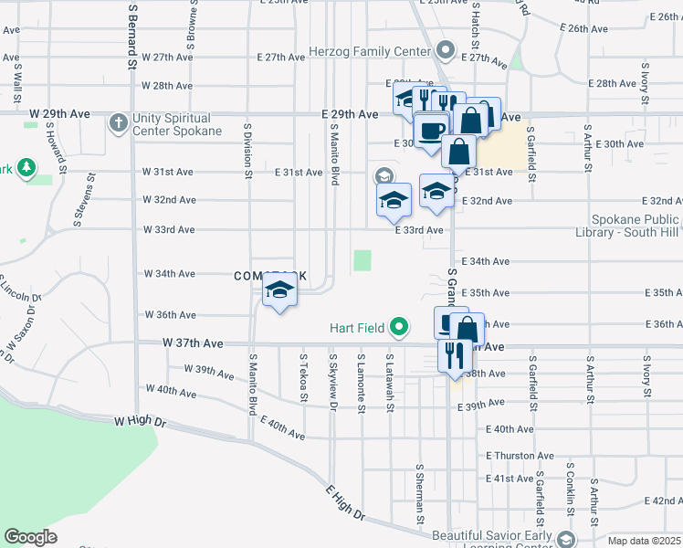 map of restaurants, bars, coffee shops, grocery stores, and more near 3415 South Manito Boulevard in Spokane