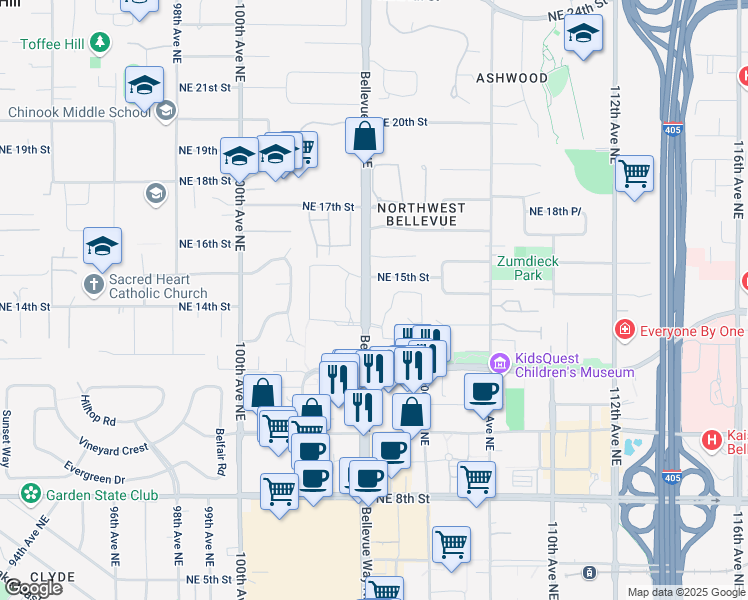 map of restaurants, bars, coffee shops, grocery stores, and more near 1402 Bellevue Way Northeast in Bellevue