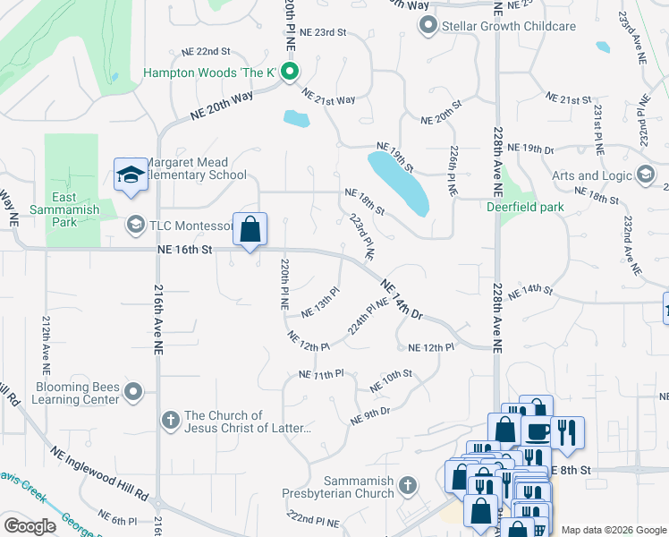 map of restaurants, bars, coffee shops, grocery stores, and more near 1343 222nd Place Northeast in Sammamish