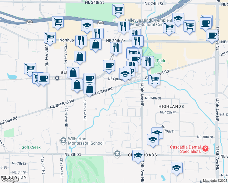 map of restaurants, bars, coffee shops, grocery stores, and more near 13707 Bel-Red Road in Bellevue