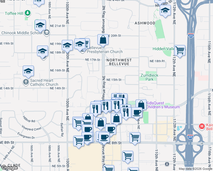 map of restaurants, bars, coffee shops, grocery stores, and more near 10425 Northeast 15th Street in Bellevue