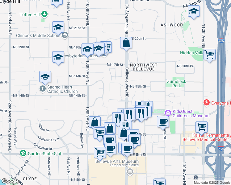 map of restaurants, bars, coffee shops, grocery stores, and more near 1457 Bellevue Way Northeast in Bellevue
