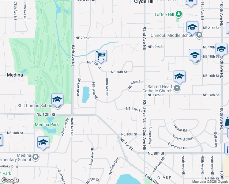 map of restaurants, bars, coffee shops, grocery stores, and more near 8940 Northeast 14th Street in Clyde Hill