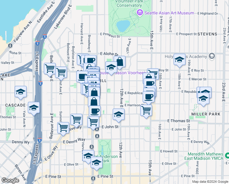 map of restaurants, bars, coffee shops, grocery stores, and more near 510 11th Avenue East in Seattle