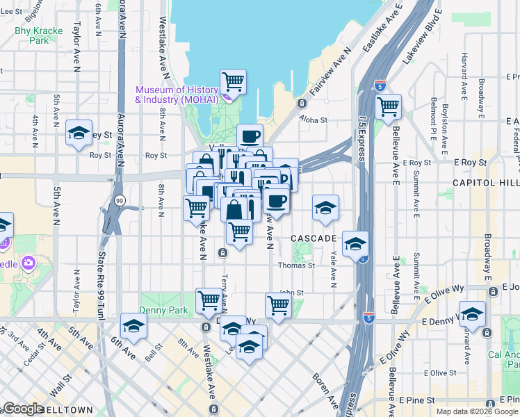 map of restaurants, bars, coffee shops, grocery stores, and more near 500 Boren Avenue North in Seattle