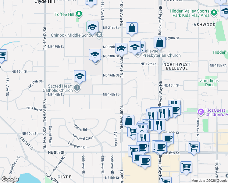 map of restaurants, bars, coffee shops, grocery stores, and more near 9838 Northeast 14th Street in Bellevue