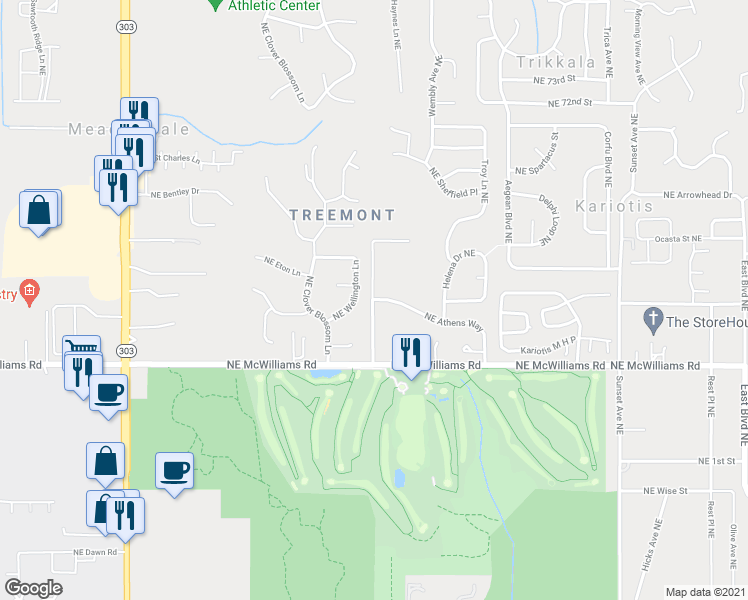 map of restaurants, bars, coffee shops, grocery stores, and more near NE Athens Way & Johnson Rd NE in Bremerton