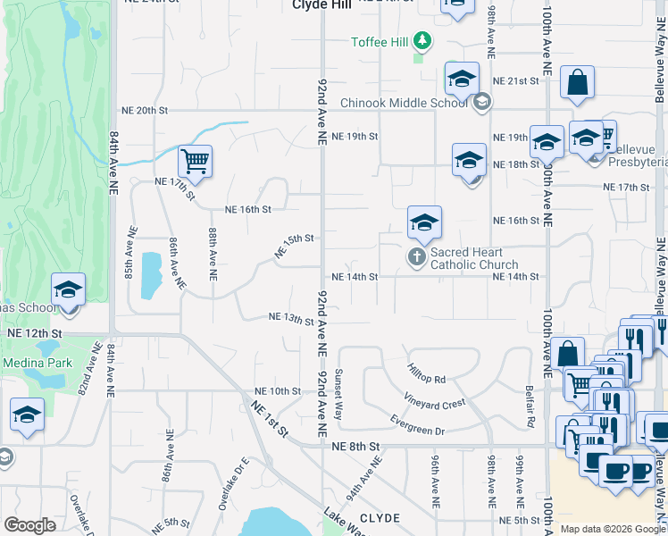 map of restaurants, bars, coffee shops, grocery stores, and more near 1436 92nd Avenue Northeast in Clyde Hill