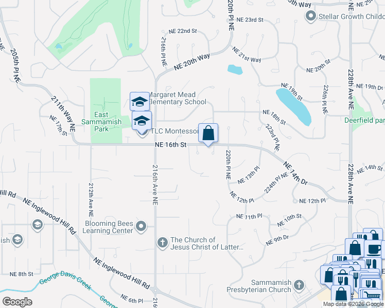map of restaurants, bars, coffee shops, grocery stores, and more near 1525 218th Place Northeast in Sammamish