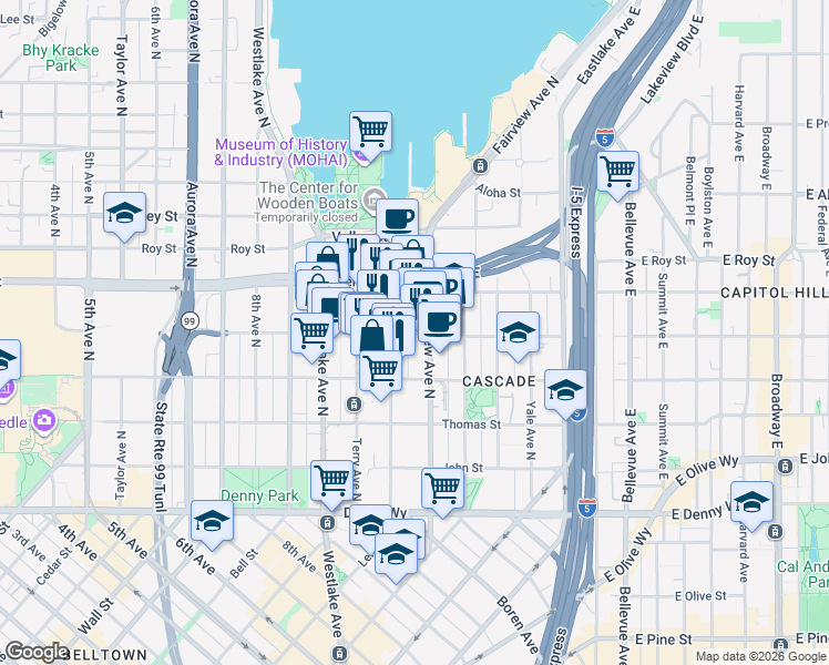 map of restaurants, bars, coffee shops, grocery stores, and more near 500 Boren Avenue North in Seattle