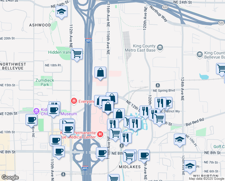 map of restaurants, bars, coffee shops, grocery stores, and more near 1414 116th Avenue Northeast in Bellevue